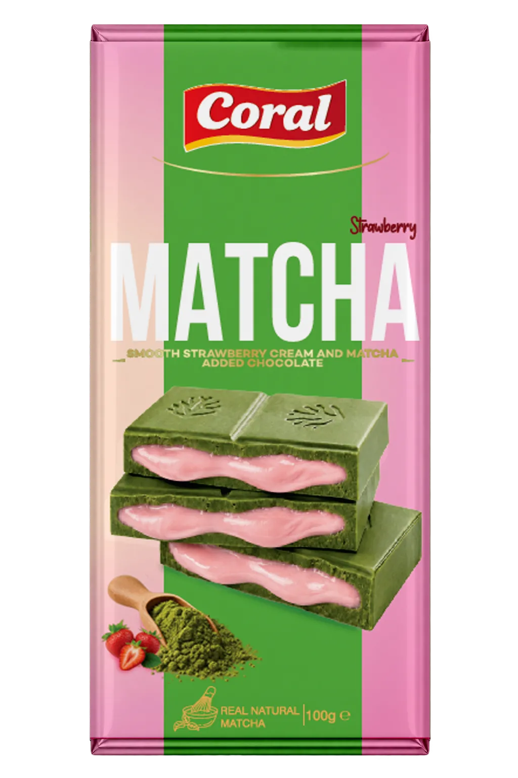 CORAL Matcha Chocolate with Strawberry Cream Filling 100 G